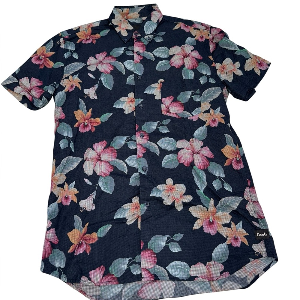 Barney Cotton Cools Navy Tropical Floral Short Sleeve Button-Down Shirt - Small